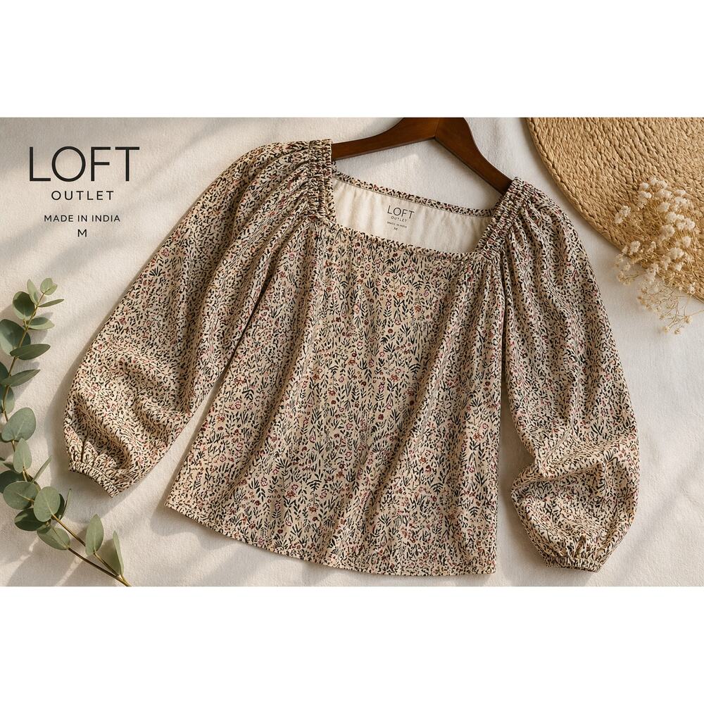 LOFT Outlet Floral Peasant Blouse Medium Cream Boho Puff Sleeve Top
